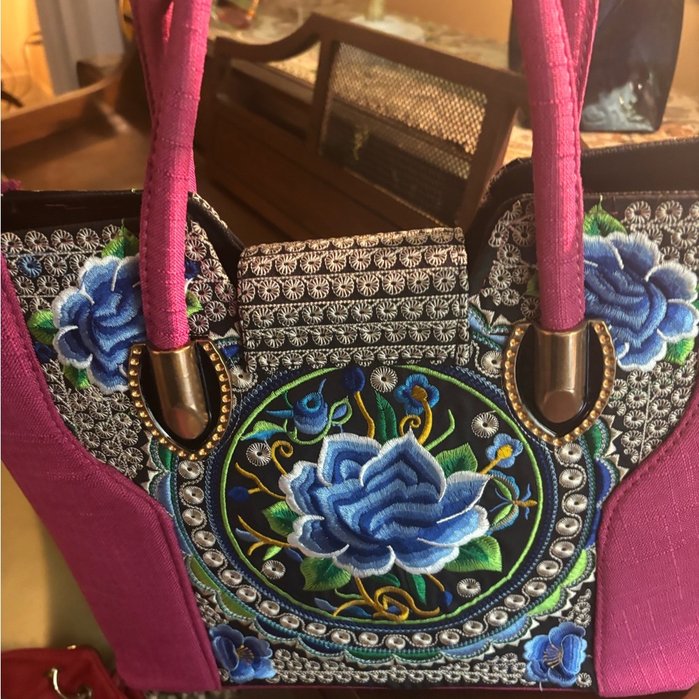 Embroidered Floral Tote Bag - Pink and Blue